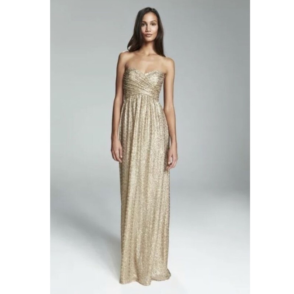 Amsale London Gold Sequin Strapless Maxi Dress Women’s Sz 12 Wedding Formal Prom